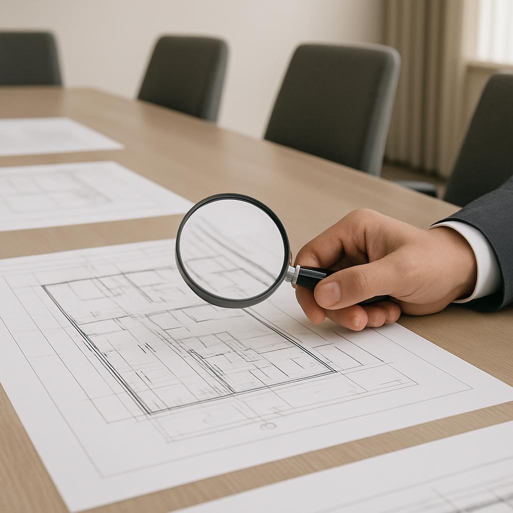 A person is looking at architectural plans with a magnifying glass at a conference table.