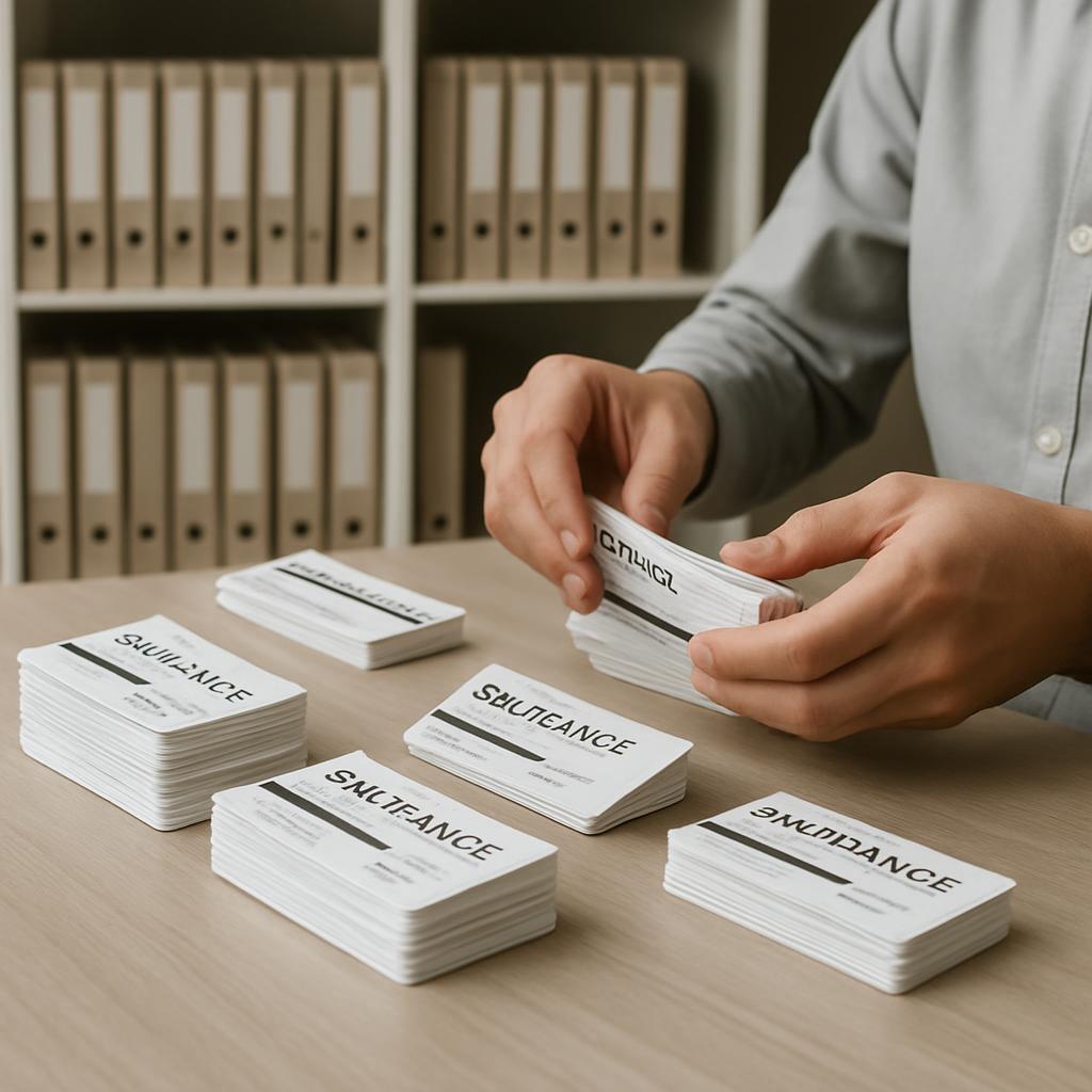 A person arranges the business cards so they are all facing upright. The cards are from the firm "sauteance", and have a m...