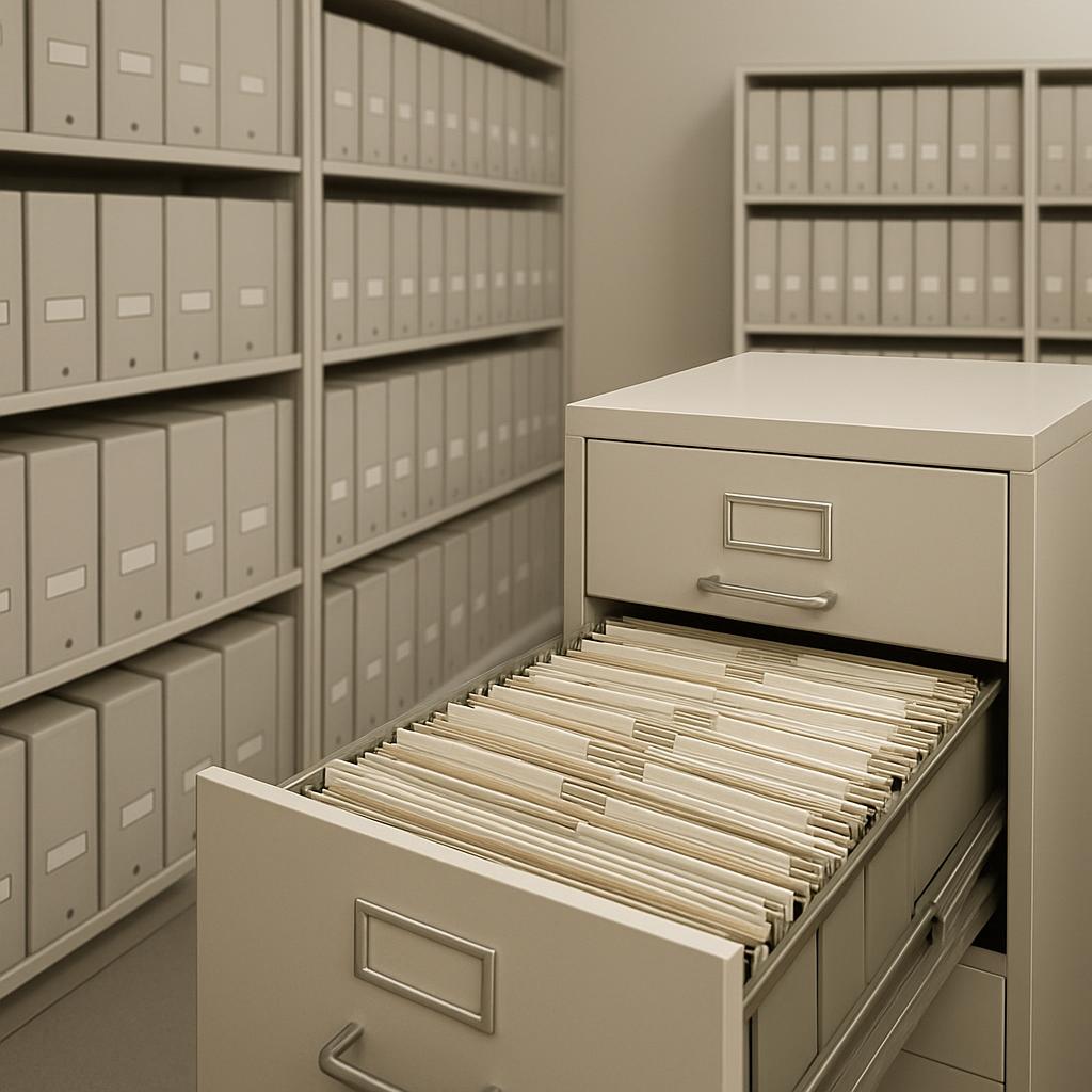 A well-organized filing cabinet filled with hanging folders.